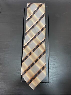 Canali Silk Tie Gold Black Cream Stripe Satin Italy Vintage 90s Wide 4”Rare